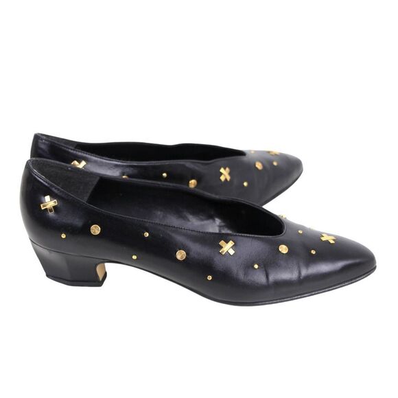 VTG Town Shoes BLACK REAL LEATHER POINTED MID HEEL STUDS CLASSIC PUMP SHOES 6.5M - Picture 5 of 11